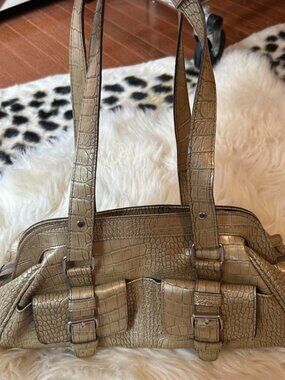 Gold croc print handbag with adjustable straps